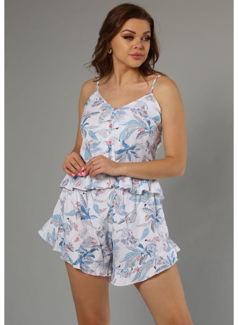 zecotex  Women's 2-Piece 100% Soft Viscose Summer Pajama Set - Ruffled Camisole Top & Tropical Print Shorts - White & Blue. - Image 3